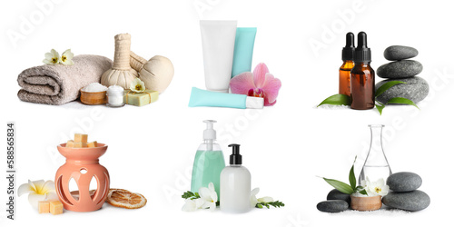 Set with different spa products isolated on white