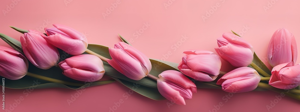 Mother's Day banner with pink tulips on a pink backdrop