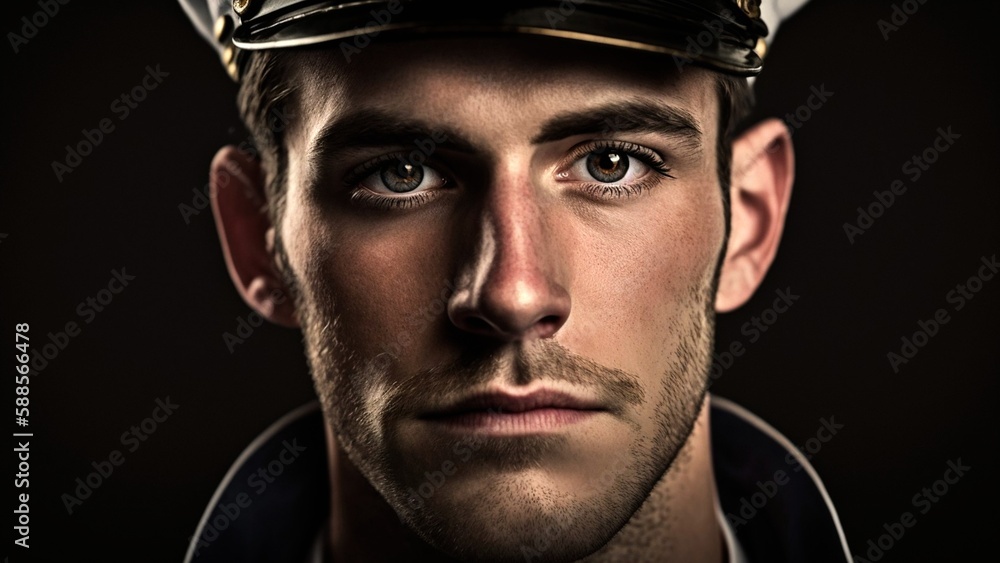 portrait of a young man in a captain's uniform, looking into the camera, dark background, generated in AI