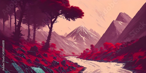 Artistic abstract painting of fantasy mountains landscape  digital art illustration  wallpaper  Generative AI
