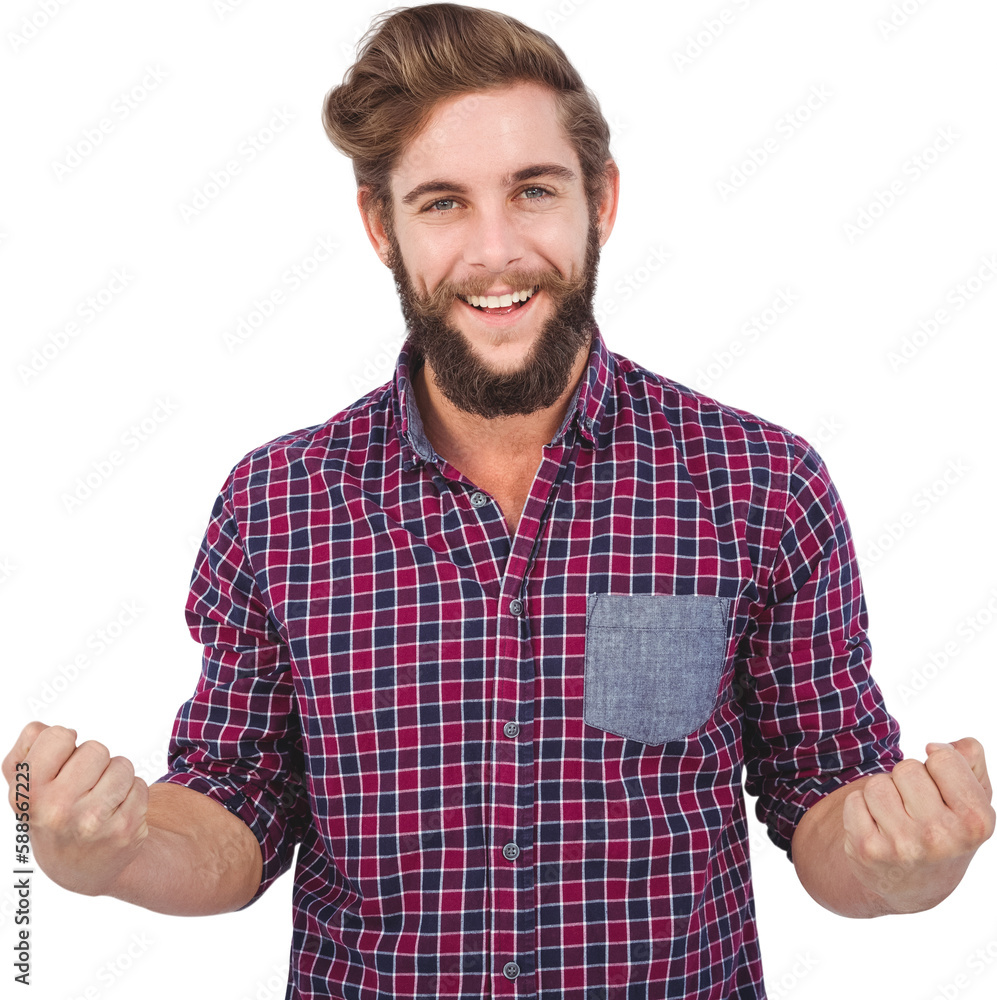 Portrait of successful hipster with clenched fist Portrait of successful hipster with clenched fist