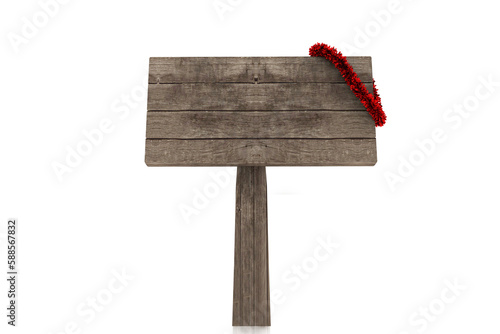 Signboard and Christmas decoration against white background