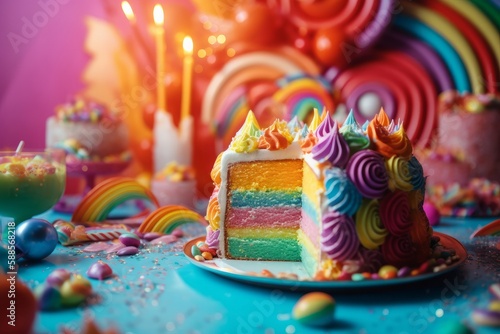 Illustration of a colourful whimsical candy land style rainbow cake with a missing slice created with Generative AI technology