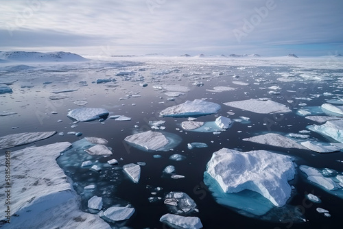 Ice floes and icebergs in the cold Arctic in global warming, generative AI