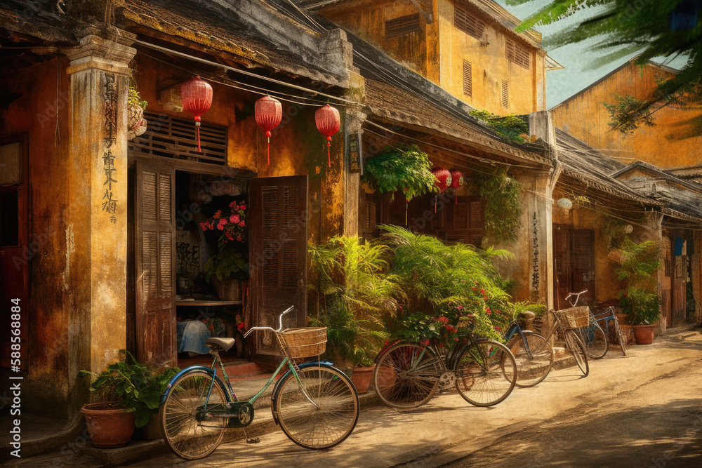Hoi An ancient town, vietnam, illustration, generative AI
