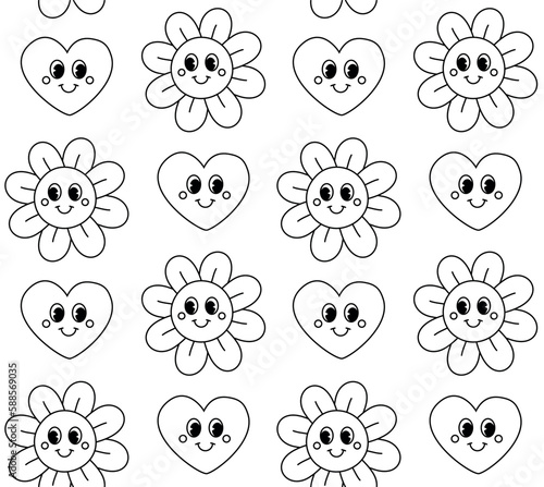 Vector seamless pattern of retro groovy outline flowers and hearts isolated on white background