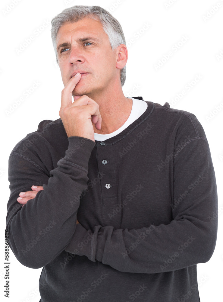 Casual man thinking with hand on chin Casual man thinking with hand on chin