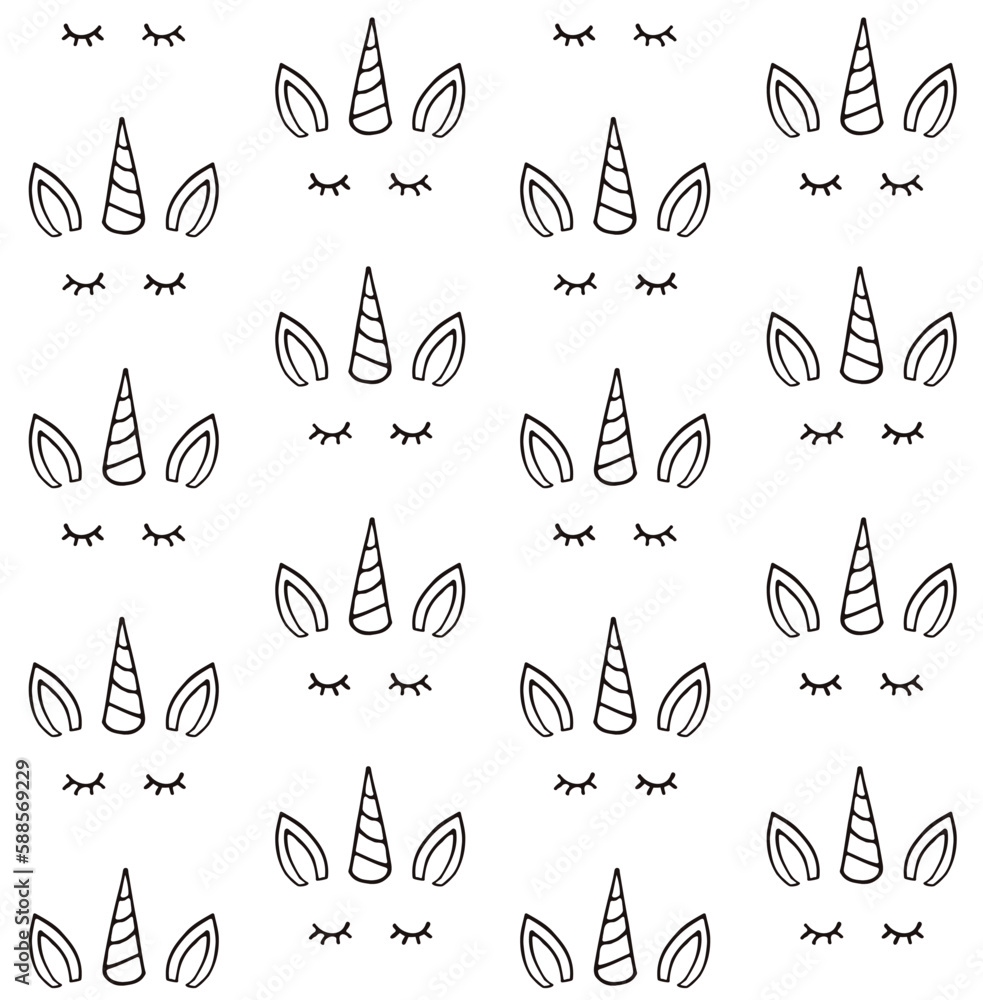 Vector seamless pattern of hand drawn sketch doodle unicorn face isolated on white background
