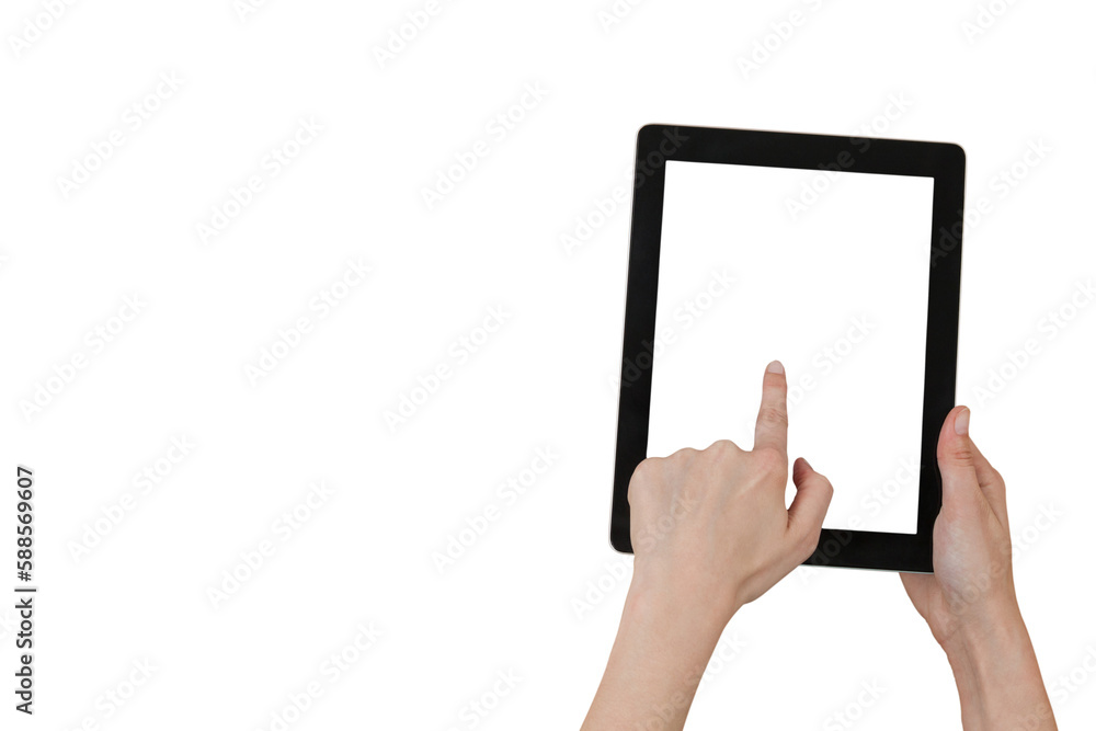 Hands touching digital tablet against white background