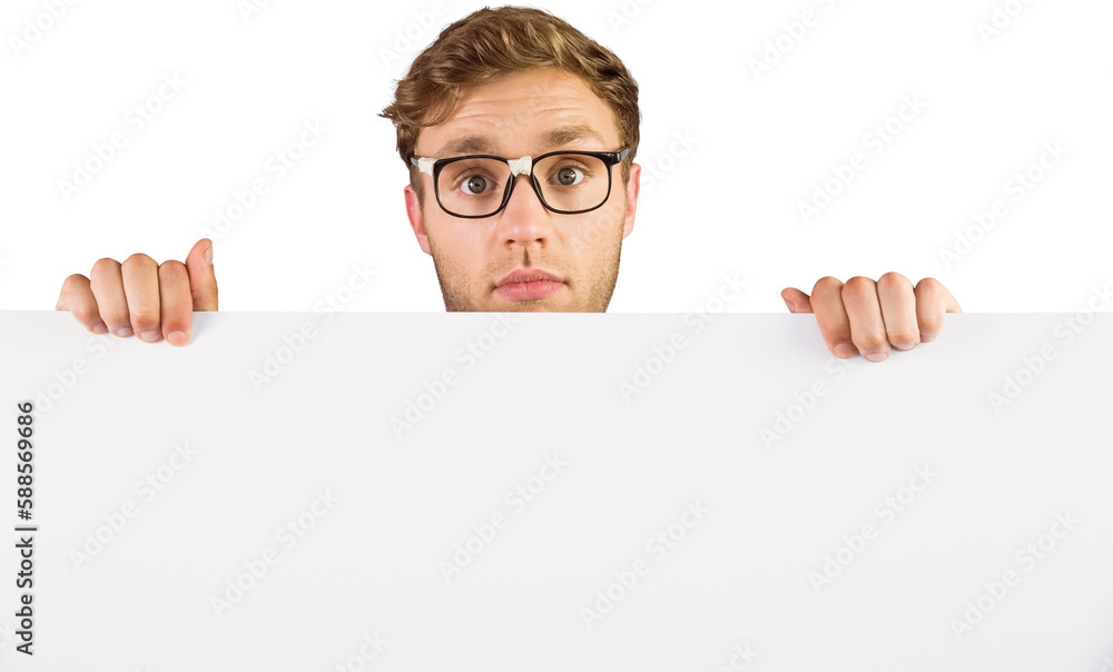 Geeky hipster showing a card Geeky hipster showing a card