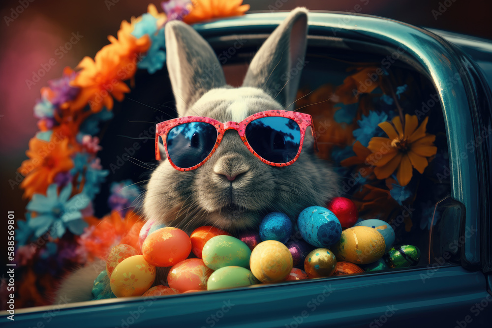 Sunglasses rabbit with easter eggs inside a minivan. Generative AI