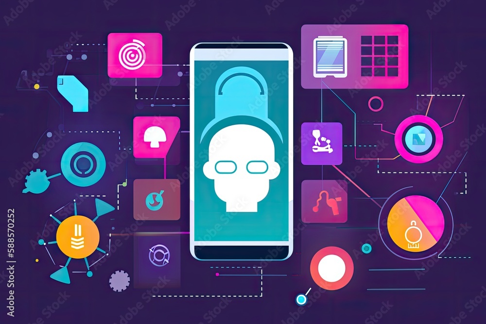 A colorful graphic showing various technological devices and trends. In the center of the graphic is a large smartphone with a face recognition feature A colorful graphic showing various technological devices and trends. In the center of the graphic is a large smartphone with a face recognition feature