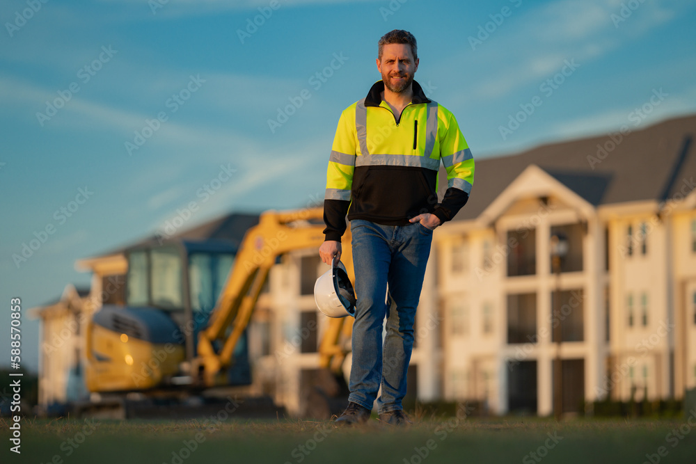custom made wallpaper toronto digitalWorker with bulldozer on the building construction.
