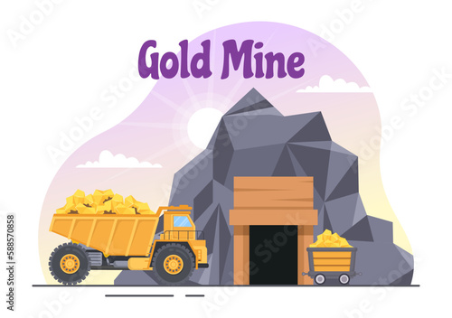 Gold Mine Illustration with Mining Industry Activity for Treasure, Pile of Coins, Jewelry and Gem in Flat Cartoon Hand Drawn Landing Page Templates