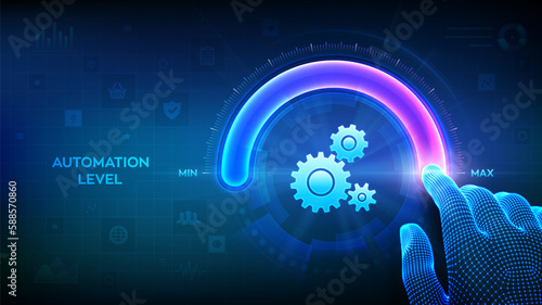 Increasing automation level. RPA Robotic process automation innovation technology concept. Wireframe hand is pulling up to the maximum position circle progress bar with the gears icon. Vector.
