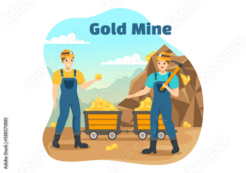 Gold Mine Illustration with Mining Industry Activity for Treasure  Pile of Coins  Jewelry and Gem in Flat Cartoon Hand Drawn Landing Page Templates