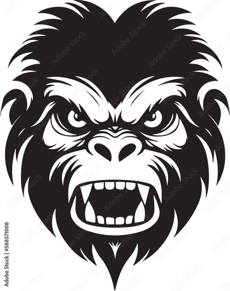 Gorilla head isolated on white background, Black and white, line art usable for mascot, shirt, t shirt, icon, logo, label, emblem, tatoo, sign, poster, Vintage, emblem design. Vector illustration