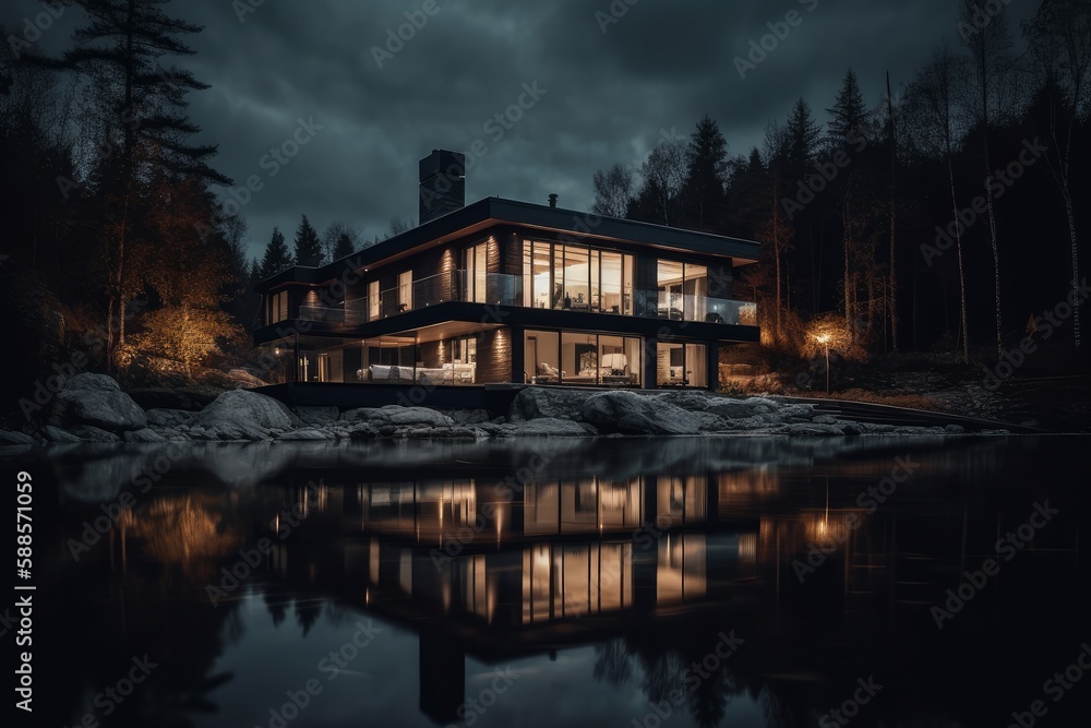 Obraz premium view of the lake with house made with generative ai
