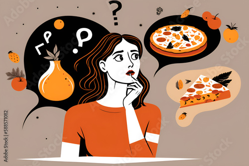 Woman questioning about eating food, food disorder, eating disorder, simple and minimalistic illustration