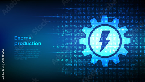 Energy production icon made with electricity signs. Cog with power symbol. Electricity generation background. Energy sources for renewable, sustainable development. Vector illustration.