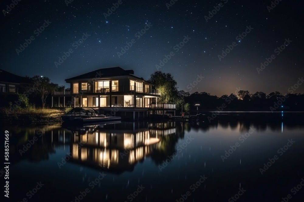 Obraz premium night view of the lake made with generative ai