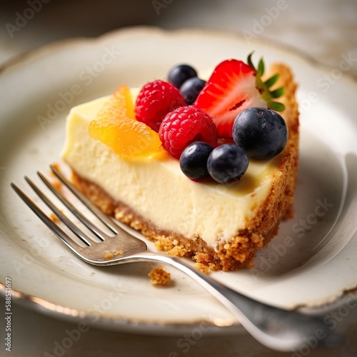 Cheesecake slice with berries, close-up shot, generative ai