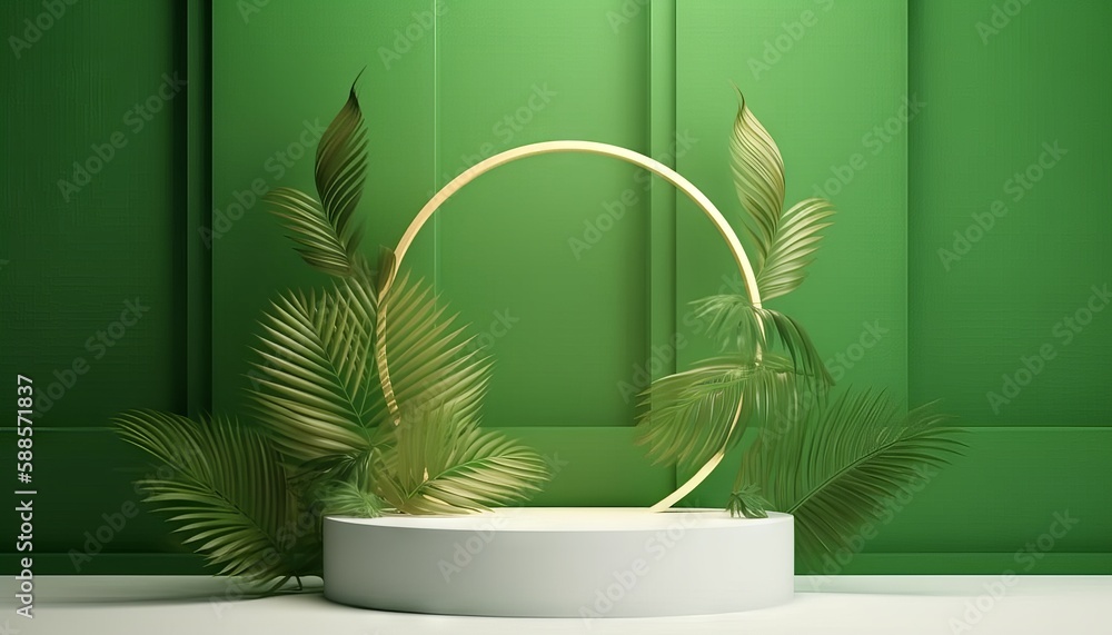 White product podium with green tropical palm leaves and golden round arch on green wall. Generative ai White product podium with green tropical palm leaves and golden round arch on green wall. Generative ai