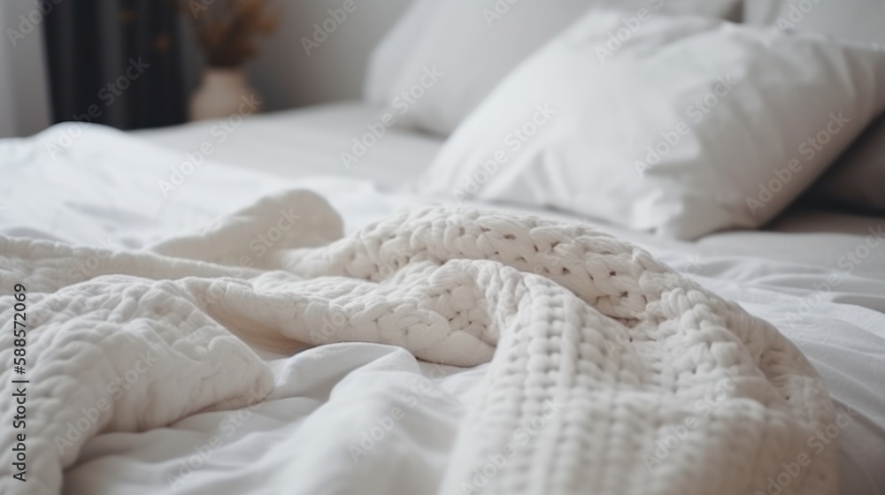 Cozy white pillow and blanket on bed in the morning. Generative AI. Cozy white pillow and blanket on bed in the morning. Generative AI.