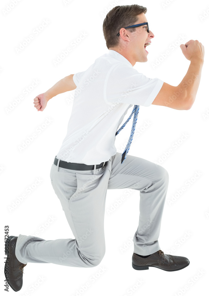 Geeky happy businessman running mid air Geeky happy businessman running mid air