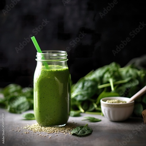 Close-up Shot of a Green Smoothie in a Jar, generative ai