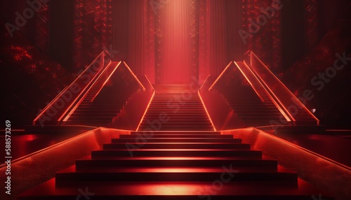 Red Carpet Bollywood Stage, Maroon Steps Spot Light Backdrop of the Golden Regal Awards. Generative ai