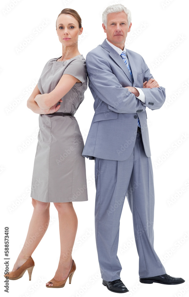 Serious businessman standing back to back with a woman Serious businessman standing back to back with a woman