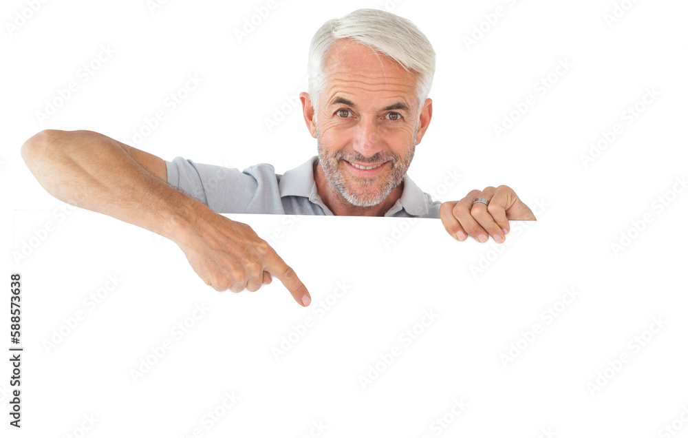 Smiling man showing large poster Smiling man showing large poster