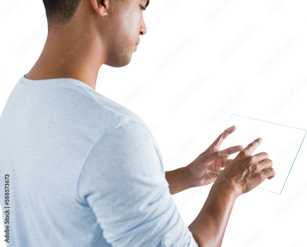 Side view of young man using glass digital tablet Side view of young man using glass digital tablet