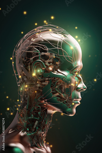 AI generated illustration of  Robotics. Android in human form. Side view.