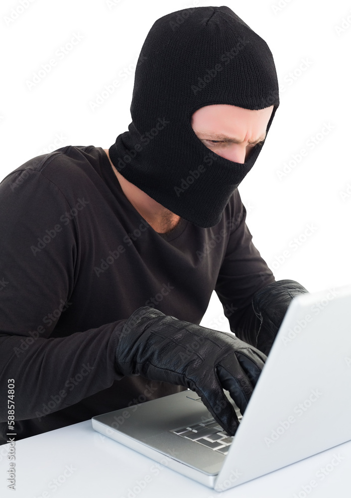 Hacker using laptop to steal identity Hacker using laptop to steal identity
