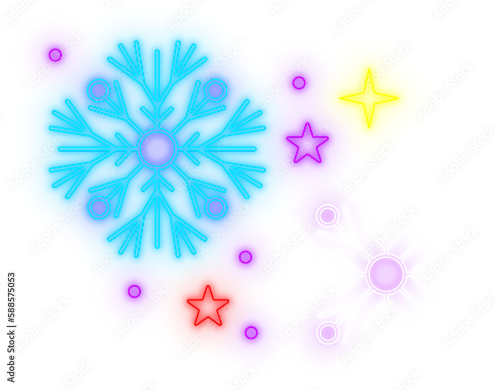 Digitally generated image of neon snowflakes and stars icons against white background Digitally generated image of neon snowflakes and stars icons against white background