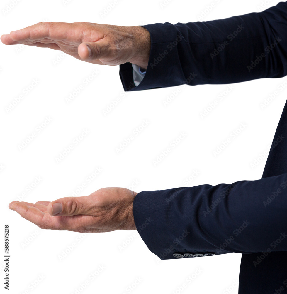 Cropped hands of executive gesturing over white background Cropped hands of executive gesturing over white background