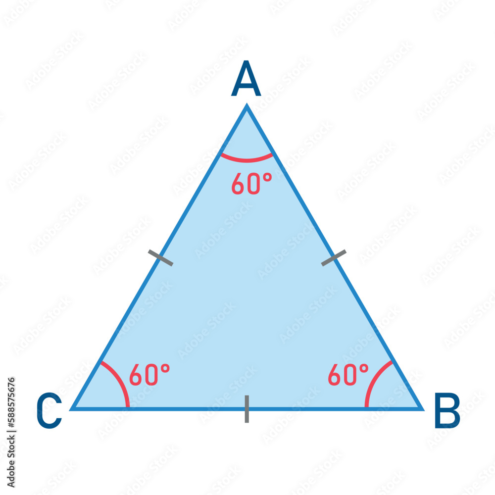 Properties of equilateral triangle in mathematics. Three sides with same length. Geometric shape. Vector illustration isolated on white background. Properties of equilateral triangle in mathematics. Three sides with same length. Geometric shape. Vector illustration isolated on white background.