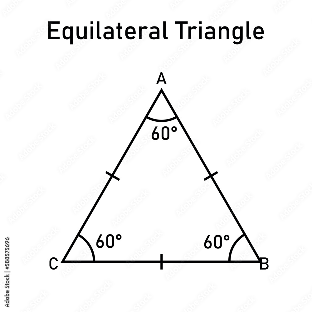 Properties of equilateral triangle in mathematics. Three sides with same length. Geometric shape. Vector illustration isolated on white background. Properties of equilateral triangle in mathematics. Three sides with same length. Geometric shape. Vector illustration isolated on white background.
