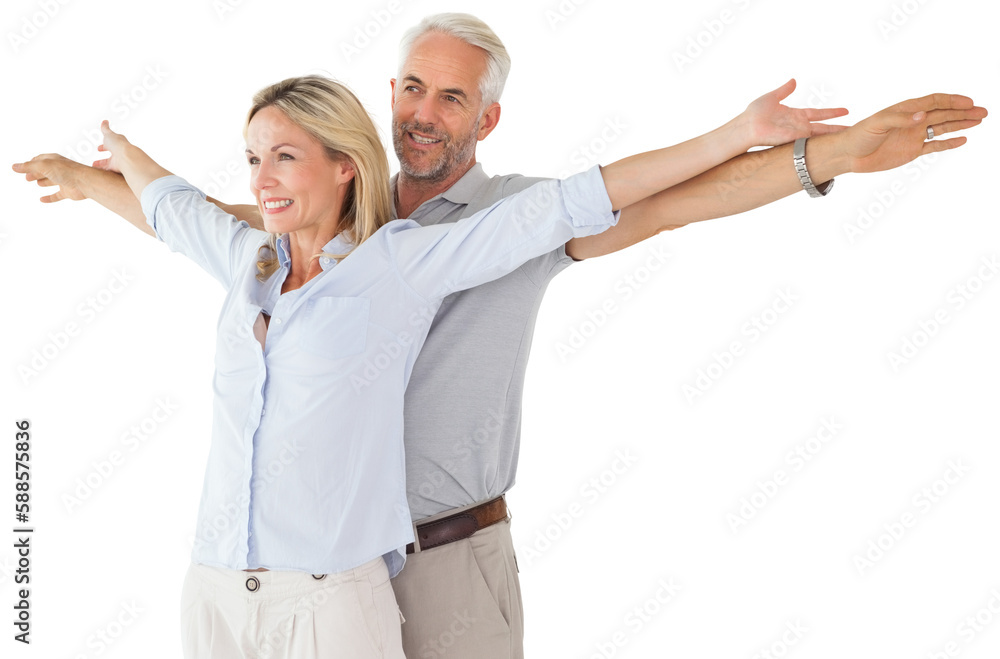 Happy couple standing with arms outstretched Happy couple standing with arms outstretched