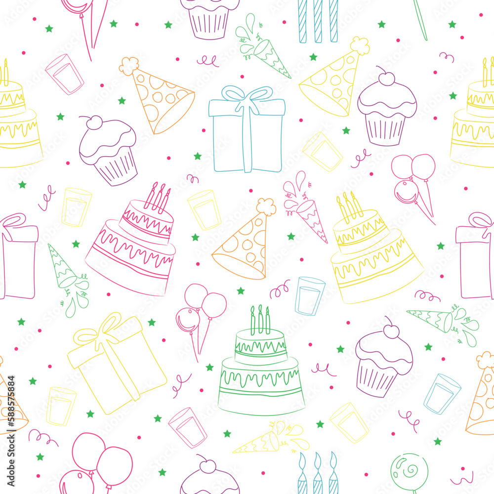 Birthday cakes with gifts and party decor on white background. Pattern for design