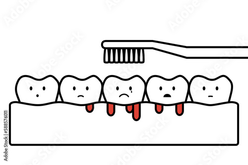 gingivitis or scurvy, brushing teeth with bleeding on gum and tooth - dental cartoon vector outline flat style