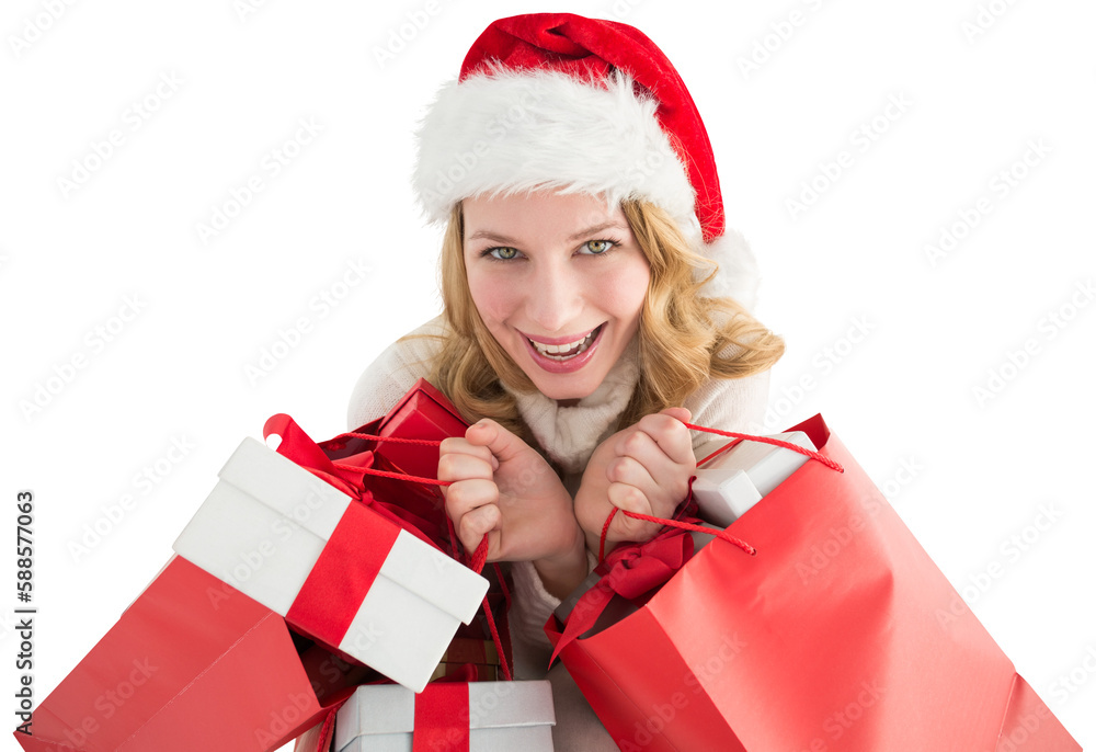 Girl in winter fashion holding presents and shopping bags Girl in winter fashion holding presents and shopping bags