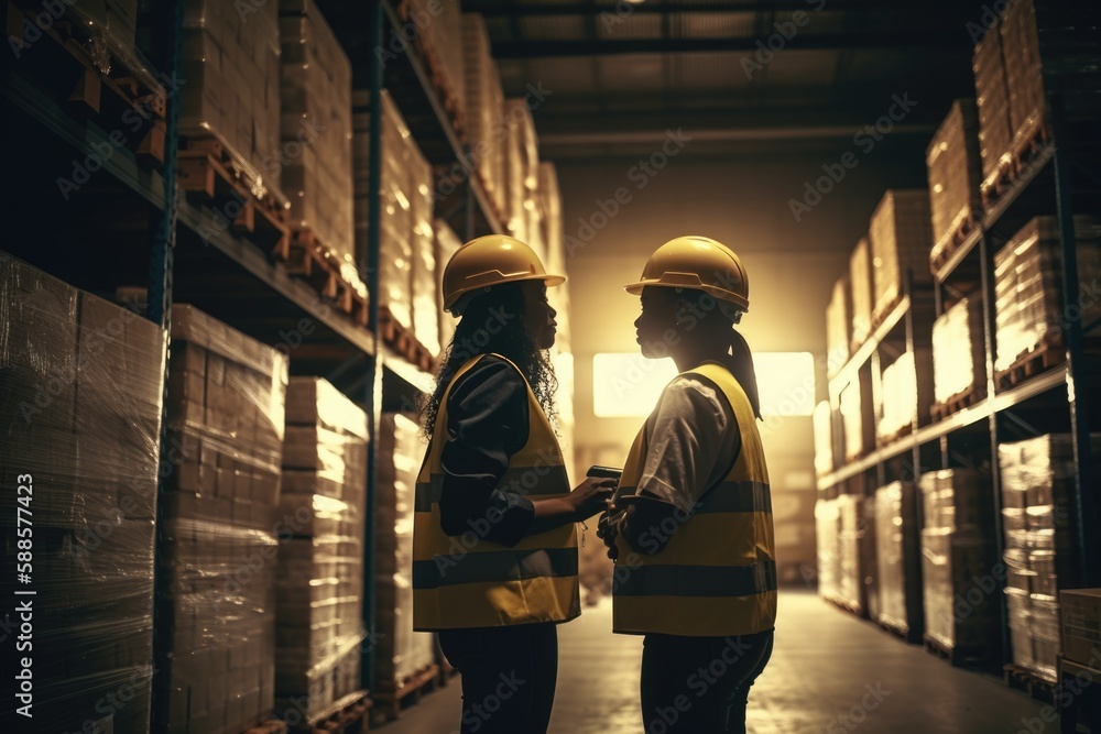 A working day in the warehouse, two coworkers working together
