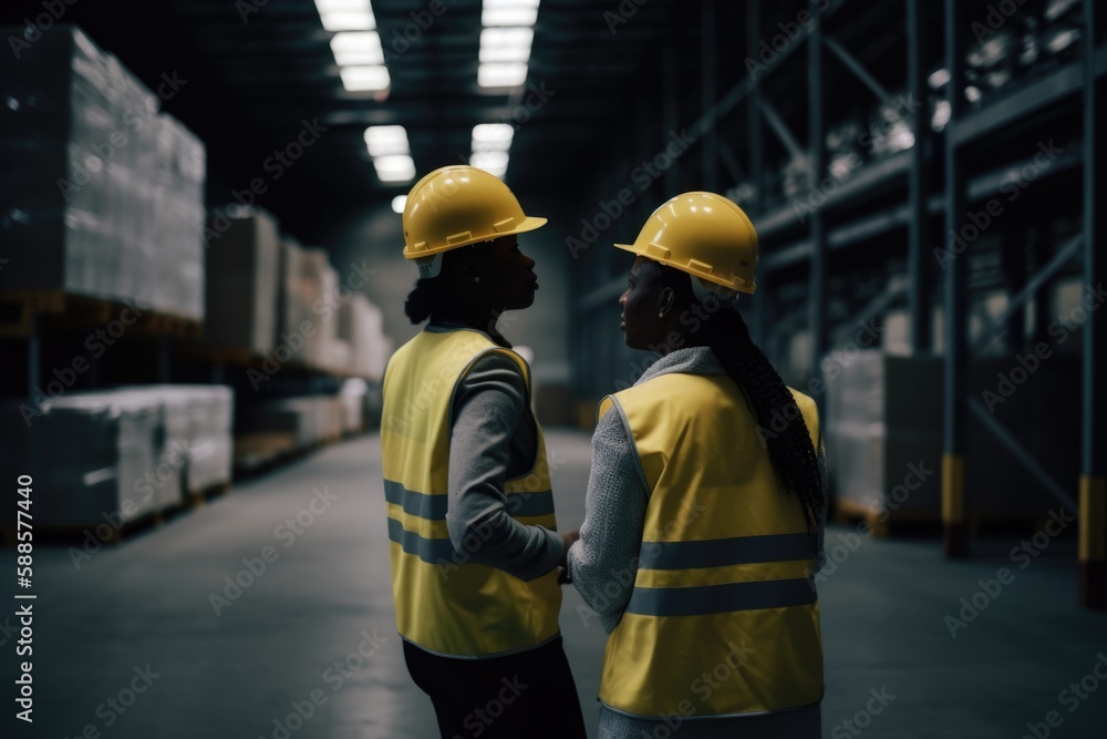 A working day in the warehouse, two coworkers working together