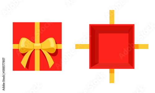 Open a mystery red gift box with a yellow ribbon on isolated white background. Random secret loot box top view concept. Vector illustration cartoon flat design.