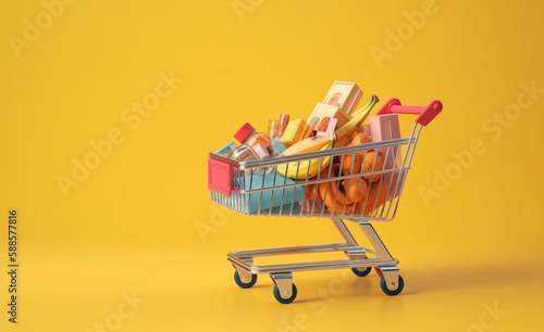 Supermarket shopping cart full of fresh vegetables and fruits. Generative AI