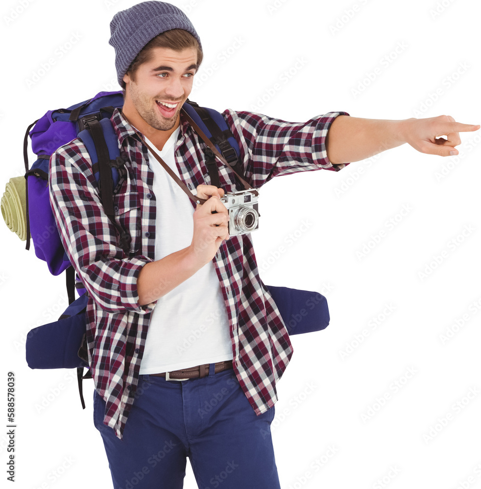 Happy man pointing while holding camera Happy man pointing while holding camera