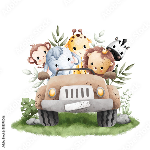 Watercolor Illustration cute baby animals riding brown safari jeep © Stella